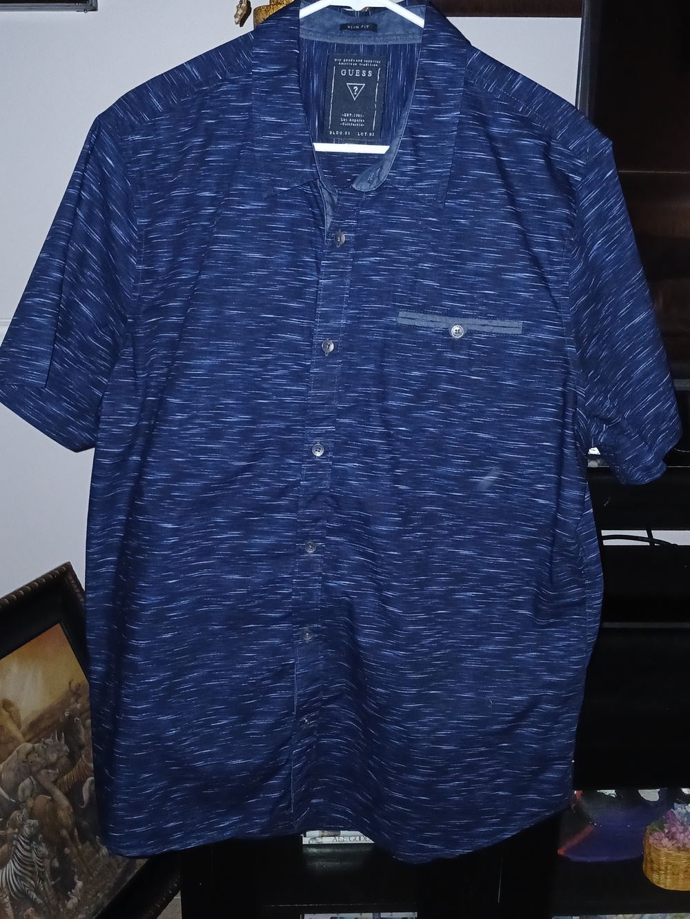 GUESS Brand Navy Space-Dye Short Sleeve Shirt Button Up Slim Fit Sz XL Mens